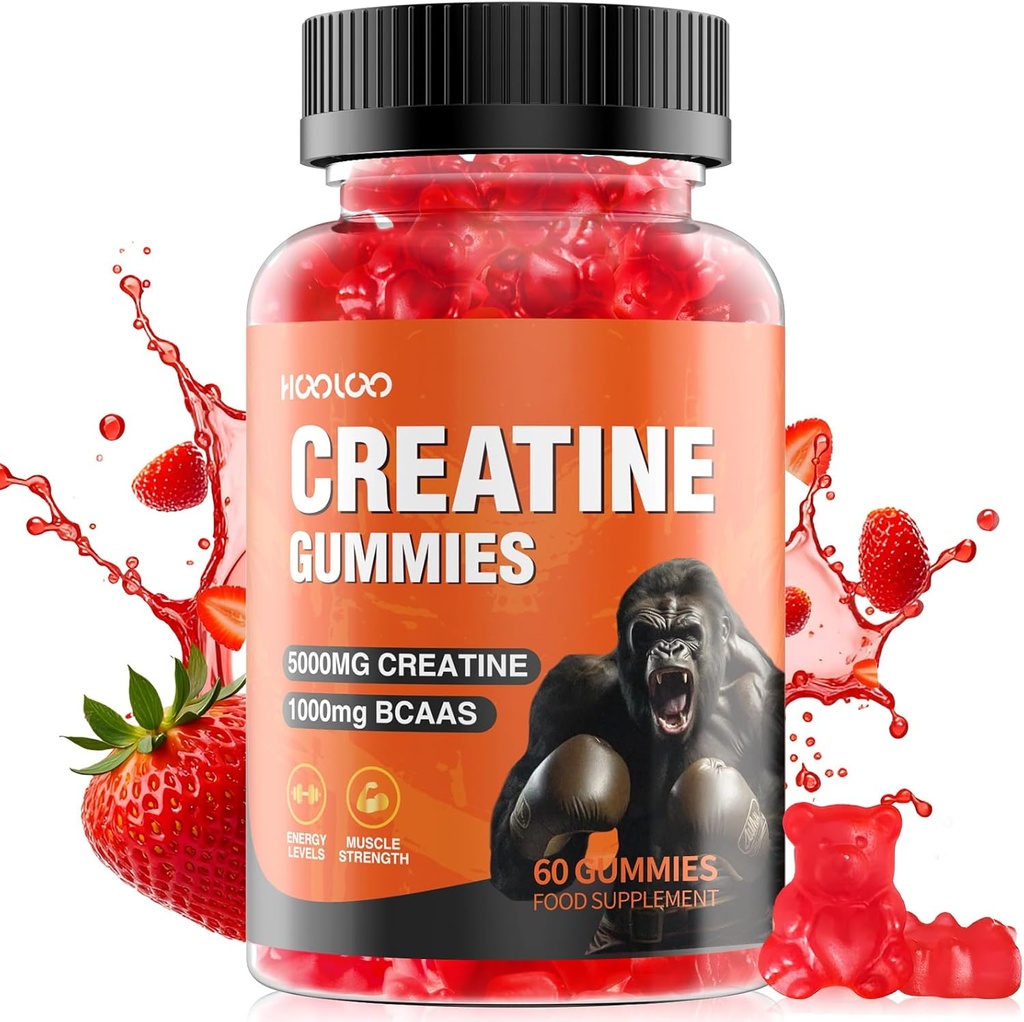 HOOLOO Creatine Gumies 5000mg Kreatin monohidrat, 1000mg BCAA na serviranje - žvečljive Veganske brez sladkorja Gumies, Jagodna aroma (1 mesec dobave)