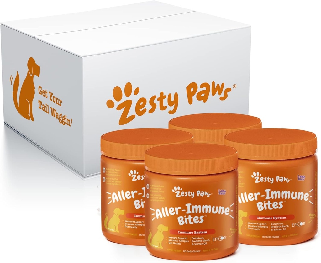 Zesty Paws Alergija Imunski dodatek za pse Lamb- z Omega 3 Divji Aljaski Losos ribje olje & EpiCor + Prebavni prebiotiki in probiotiki - Anti srbečica & koža vroče točke - 90 Število, 4 Pack