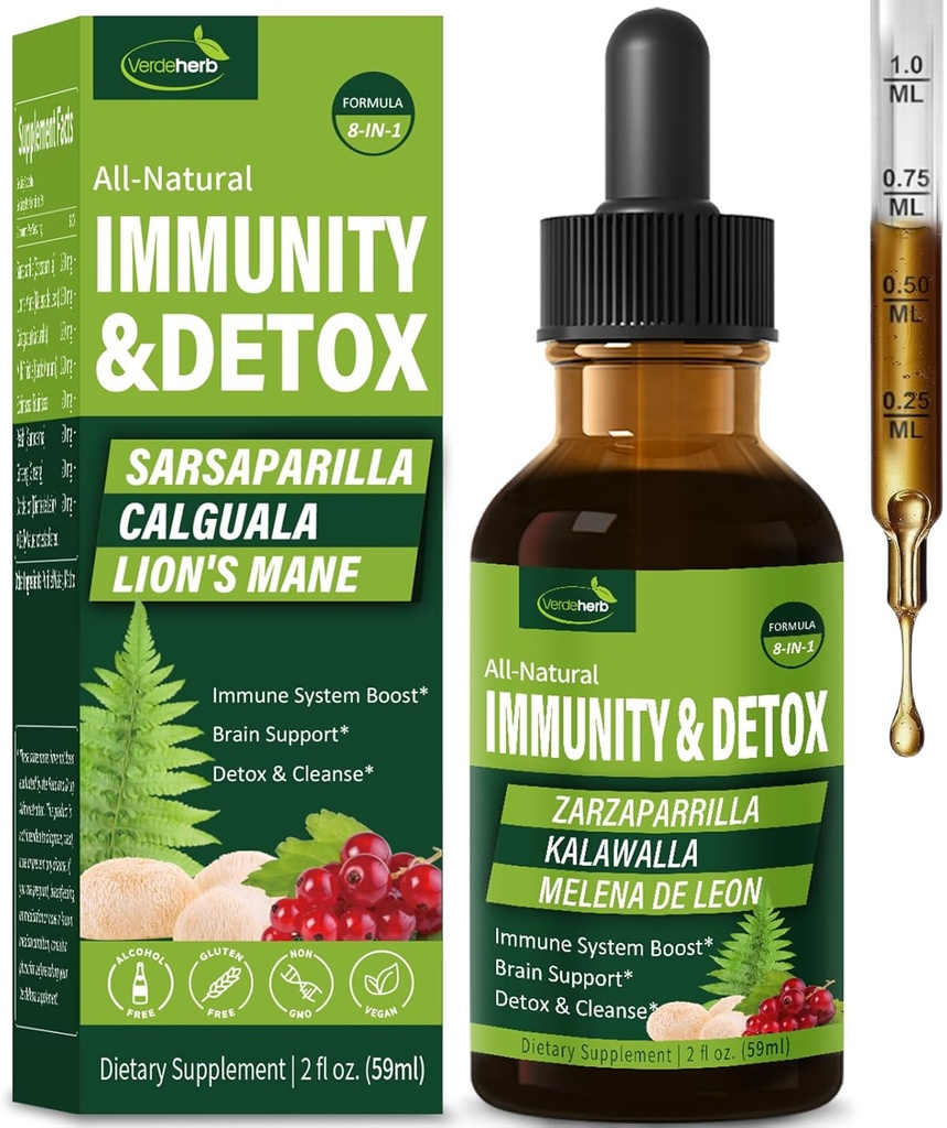 Sarsaparilla & Kalawalla Root (Polypodium Leucotomos) Imunity & Detox Drops, naravna zeliščna Imunska podpora Formula w/Lion's Mane. Gotas de Zarzaparrilla, Cardo Mariano y Melena. 2oz