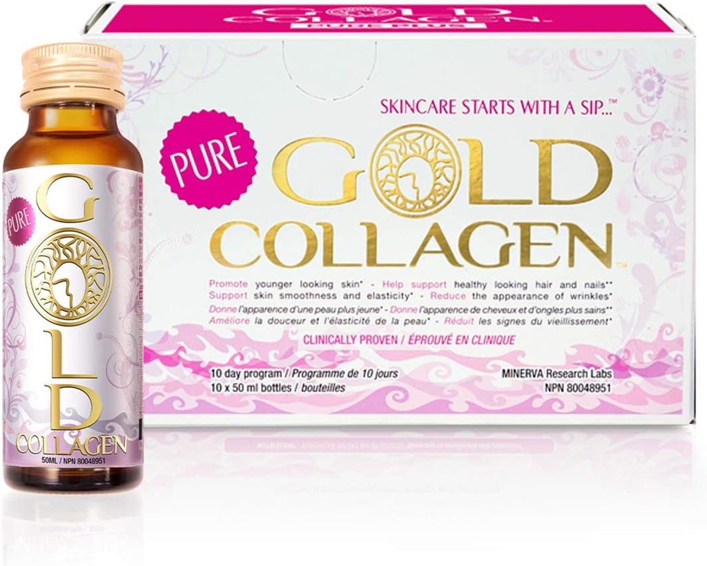 GOLD COLLAGEN Pure - Kolagen dopolnila za ženske in moške z Biotin za rast las, kožo in nohte - Proti gubam imunski sistem ojačevalec s hialuronsko kislino, vitamin C, B6 in cink, 1 Pack 10x50 ml