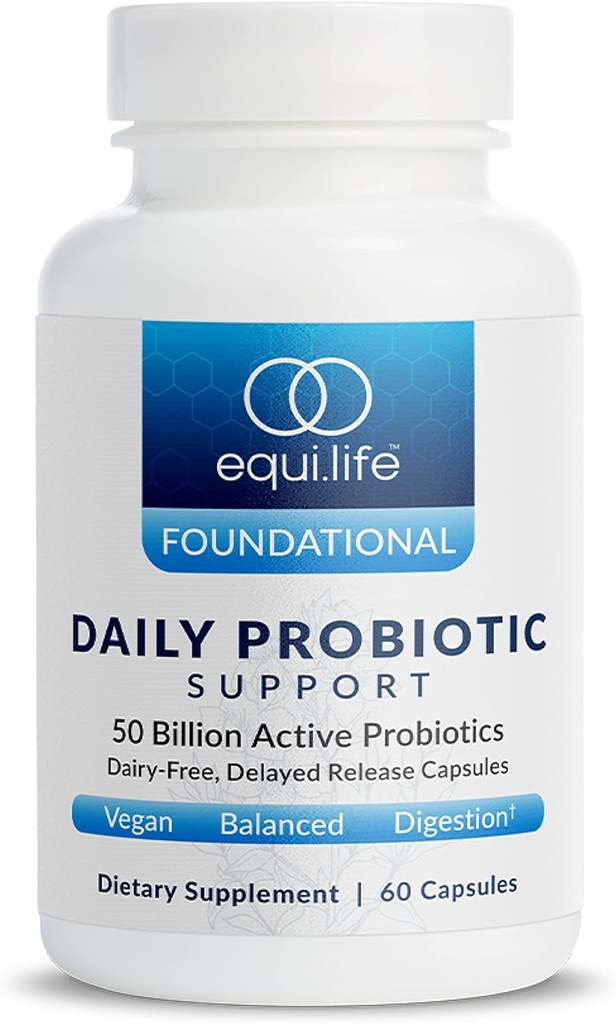 Equilife Daily Probiotic Support, 50 milijard CFU, 8 probiotičnih sevi, Prebavni in Gut Health Supplement za moške in ženske, Gluten Free, Soy in Dairy Free, Non GSO, American Made, 60 kapsul