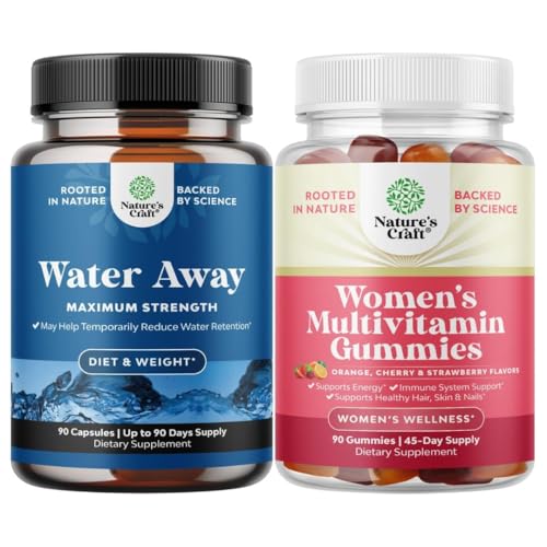 Bundle of Water Away Pills - Fluid Retention Supplement with Dandelion Leaf Extract for Bloating Relief - Capsules for Leg & Feet Swelling and Women's Multivitamin Gummies for Adults Energy & Immunity