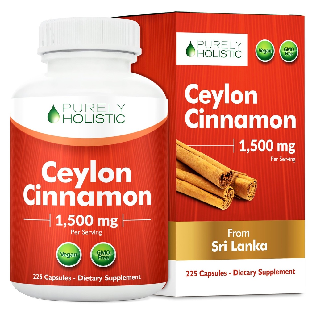 Popolnoma holistični Cejlon Cimet Kapsule 1500mg, 225 veganskih cimetovih kapsul, 75 dnevna zaloga (25% več strežnic), pravi šrilanški cipanov dodatek