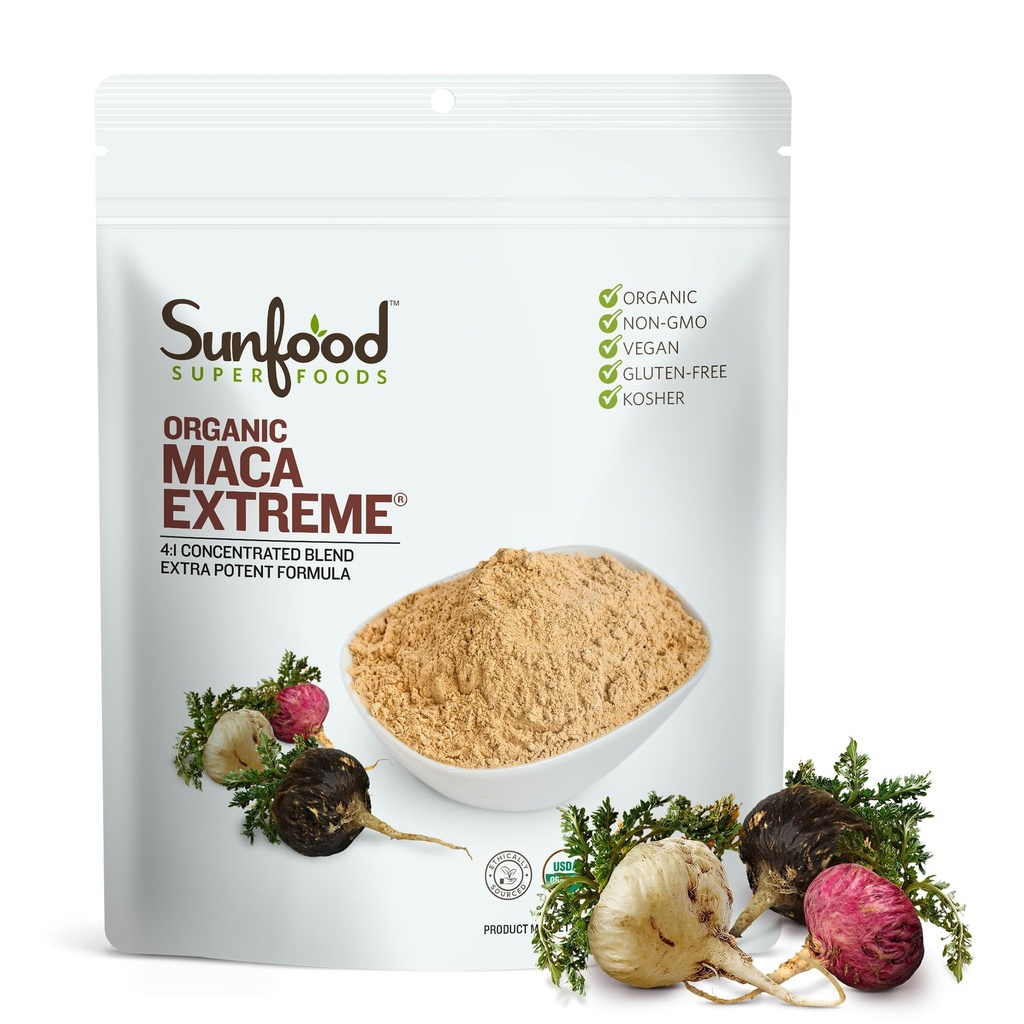 Sunfood Organic Maca Extreme - Maca Root Powder, Maca Powder Organic, Maca Dodatek za moške in ženske z Adaptogeni, Perujski, Raw, Veganski, Premium Maca Powder - 8 Oz Bag