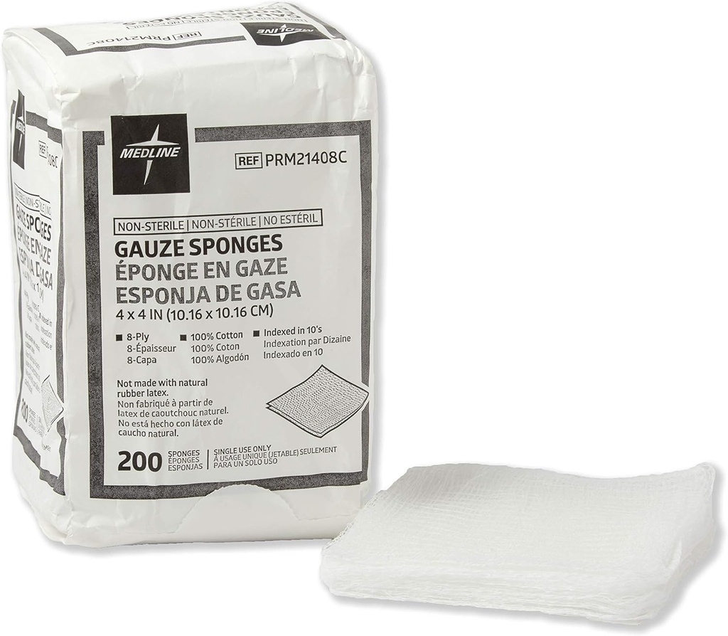 Medline nesterilni bombaž Tkane gaze Sponge, 8 Ply, Idealno za obleko in čiščenje ran, Primer 4000