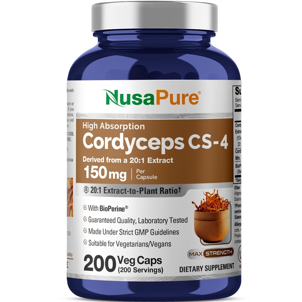 NusaPure Cordyceps 20:1 Extract, 150 mg enakovredno 3.000 mg 200 Veggie kapsule (Sinensis CS-4, Non-GMO, Vegan) Bioperine