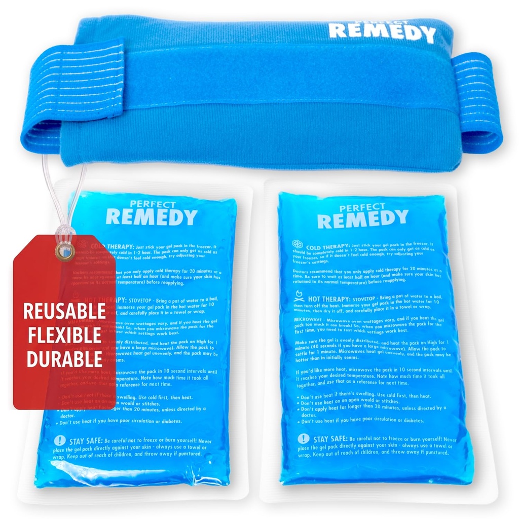 Perfect Remedy 2-Pack Gel Ledeni paketi za poškodbe s pokrovom pasu, Fleksibilno vroče hladno kompresijo, Pomirjujoče mehko led paketi za pomoč v poškodbah, Alternativna za vroče steklenice vode (modra, redno)