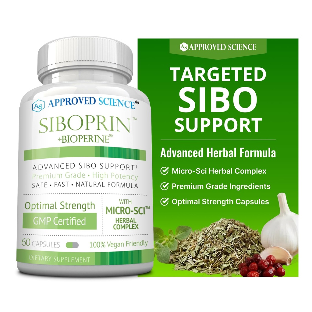 Odobreni Science Siboprin - 60 kapsul - podpora Gut Balance, Soothe Črevesno draženje, Pomoč pri Cramps in napenjanje - Kaprilna kislina, Barberry, Oregano - Vegan