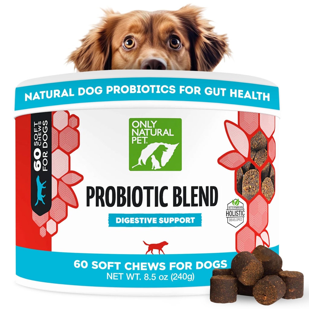 Samo naravne hišne Probiotic Dog in Cat Supplement - Prebavne & Gut Health Enzyme Formula, Puppy & Pasje Prebavne Chews, Najboljši za želodčne Relief & Gas Aid - Mehke Chews, 60 Count.