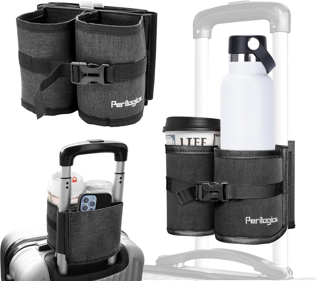 Perilogics Prtljaga Travel Cup Holder roke brezplačno pijačo Caddy za obleko ročaj. Perfect Airplane Travel Essential Accessory Darilo za pogosto popotnika, pilota ali z otroki (temno siva)