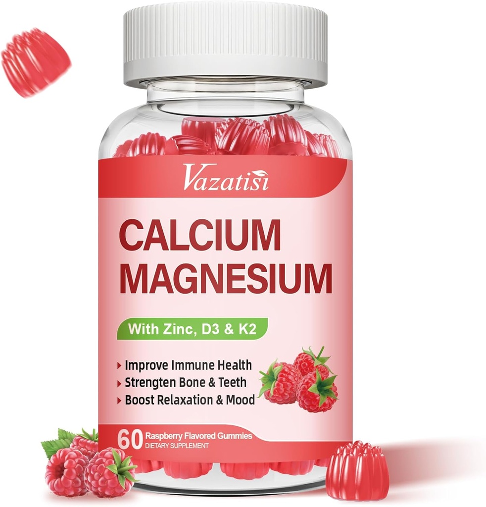 Kalcijev magnezijev cink Gumiji z vitaminom D3 & K2, visoka absorpcija Magnezijev glicinat Kalij za imunski in mirni razpoloženj, malina aroma 60 Gumies