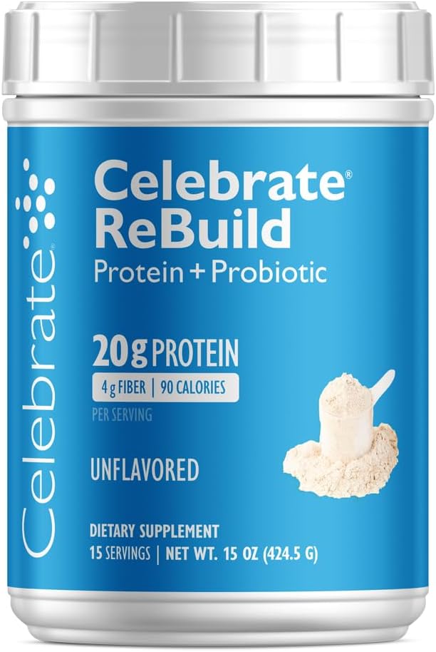 Praznujte vitamine Rebuilding Protein Powder s probiotiki in prebiotiki - 20g sirotkinih izolatov beljakovin, visoke vlaknine, za bolnike po bariatrični kirurgiji - nearomatizirani (15 serverjev)