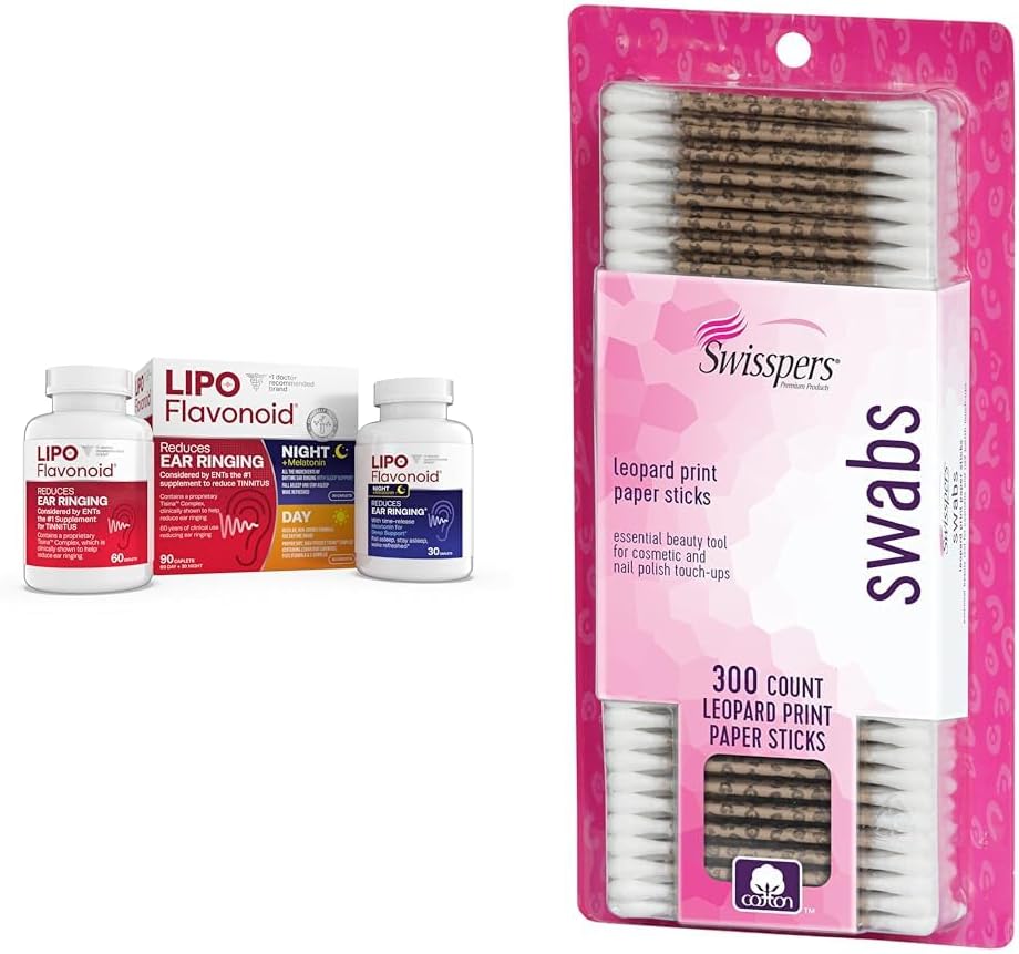 Lipo-flavonoid dan & noč Tinitus Relief Combo Kit z vitamini, 90 Capleti & Swisspers Premium bombažne krpe, 300 Število