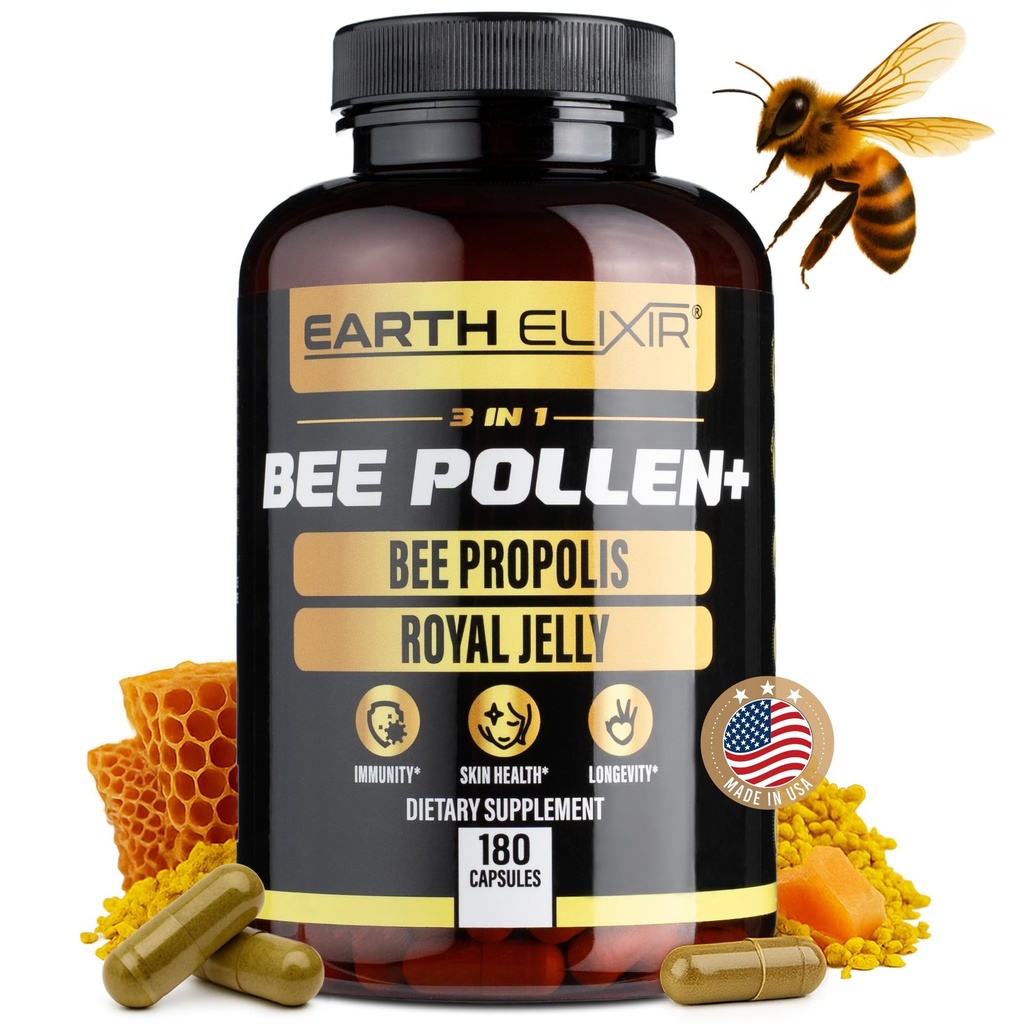 Earth Elixir 3-in-1 Organic Bee Pollen Kapsula – Ne-GMO, Pure Raw Bee Pollen, Royal Jelly, Propolis Extract za ženske in moške – Naravna energija, Imunska in Vitalnost Podpora – 180 Propolis Kapsule