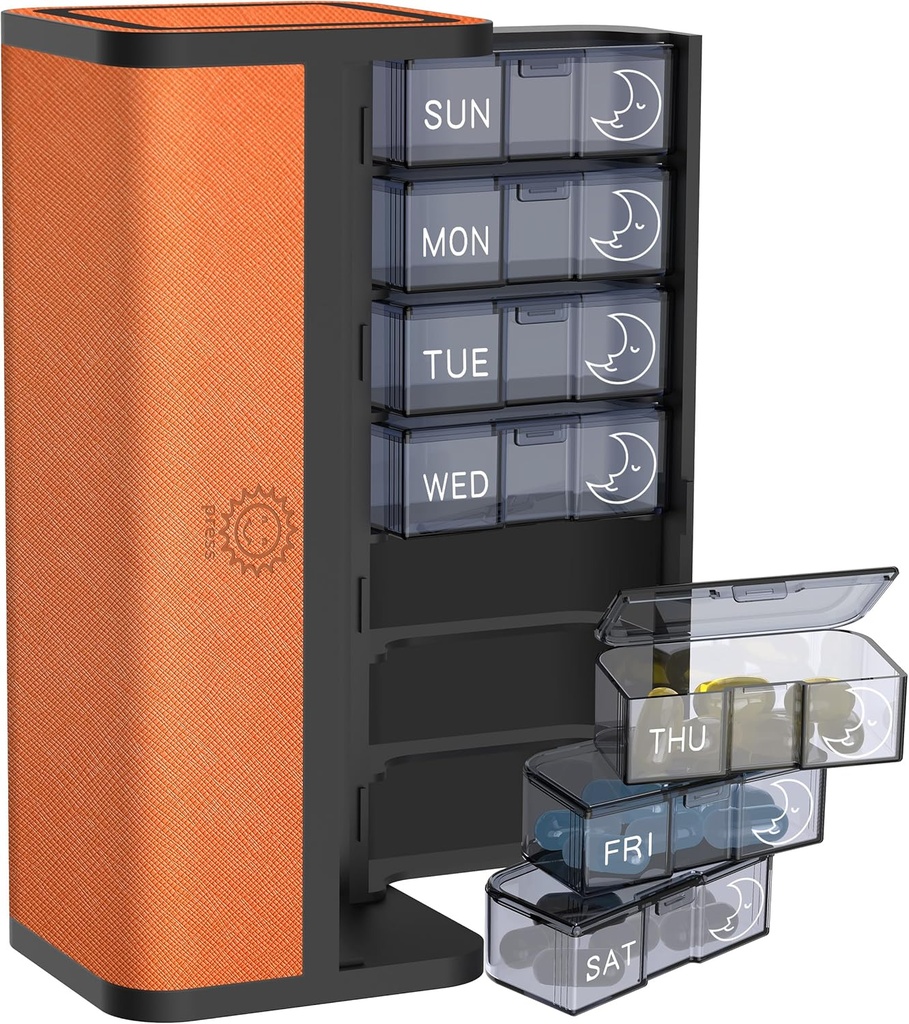 7-Day AM/PM tablete Organizator s Scratch-Resistant Usnje Primer - Prenosno Weekly Travel Medicine Box s snemljivimi Daily Pods & Zasebnost Oblikovanje (Bright Orange)
