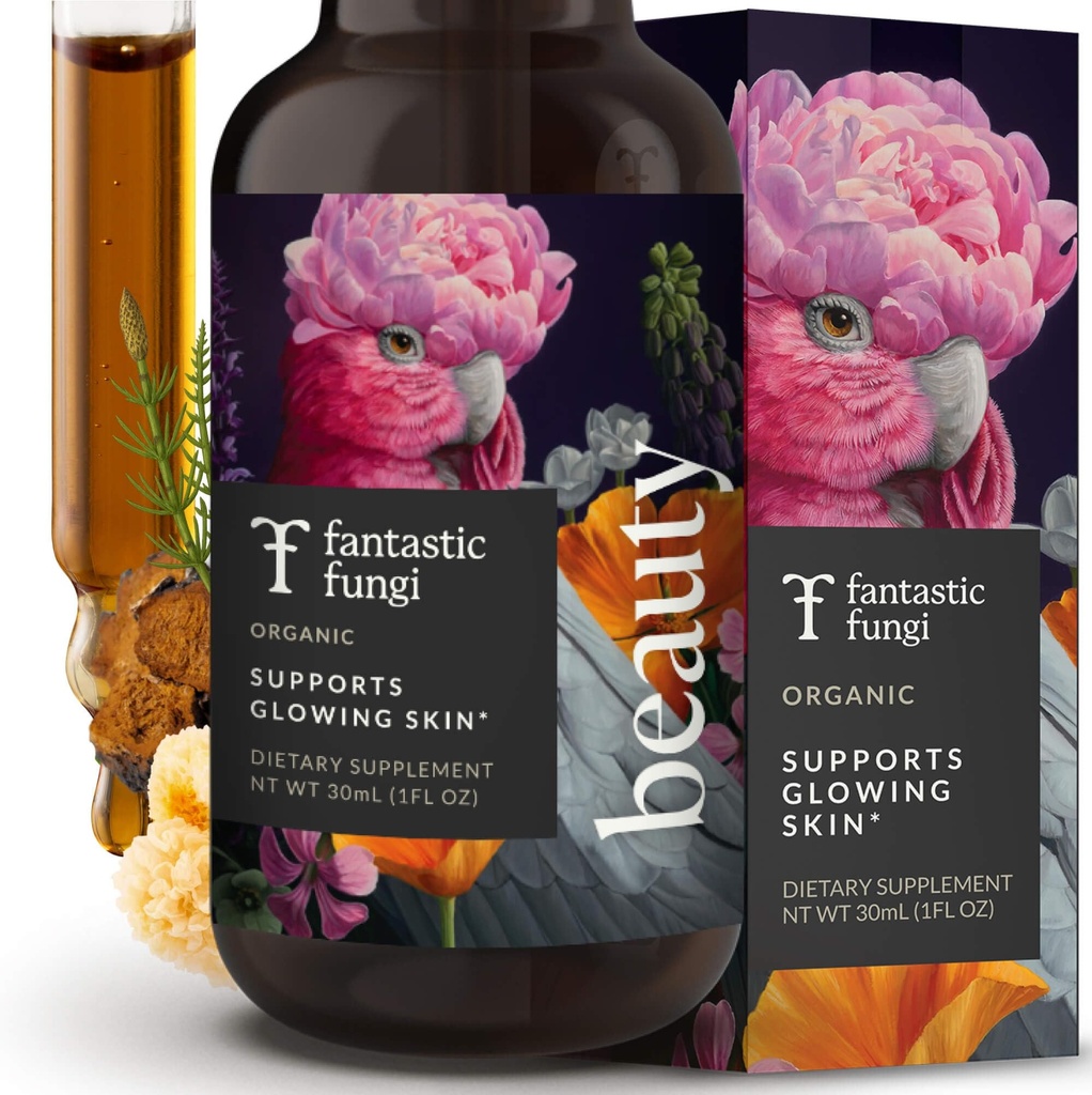 Fantastic Fungi Beauty Elixir with Tremella Mushroom Extract, Chaga Mushroom Extract, Horsetail & Acerola - Organic Drops for Healthy Hair, Skin & Nails - Formulated in USA - 30 Servings, 1 fl oz