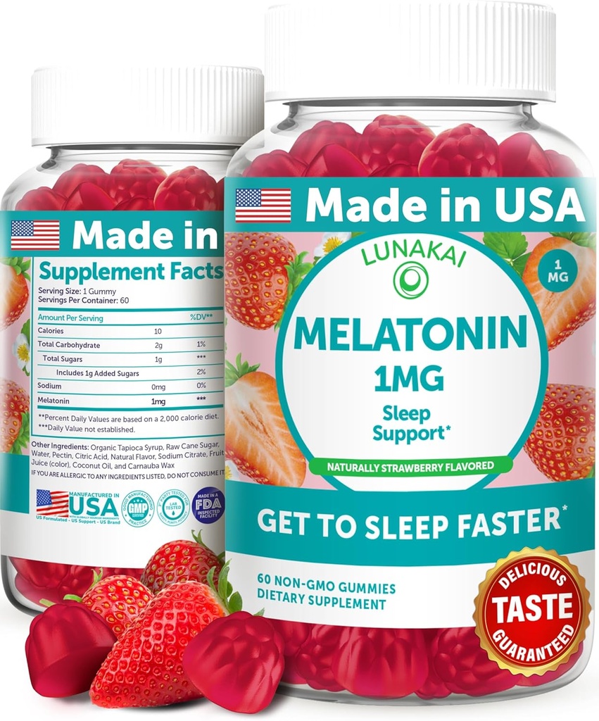 Lunakai USA Made Low Dose Melatonin Gummies 1mg - Nežna pomoč za spanje za odrasle in otroke - Ne-GMO, Vegan, Gluten-free - 60 Count