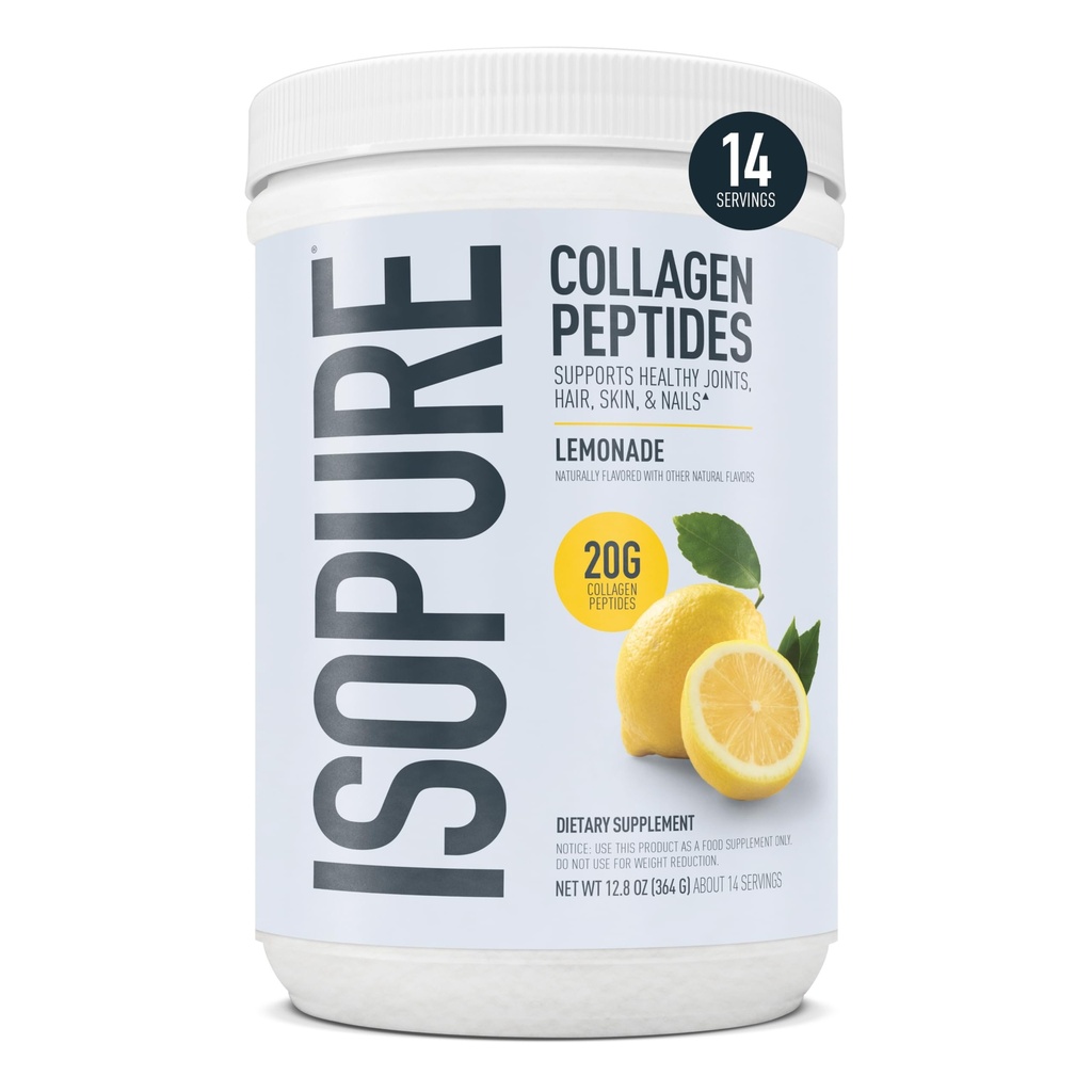 Izopura kolagen peptidi v prahu, spodbuja zdravje las, nohtov, kože in sklepov, z vitaminom C in biotin, limonada, 20g kolagen peptidi na strežbo, 11.36 Oz, 14 Servingi (Packaging May Vary)