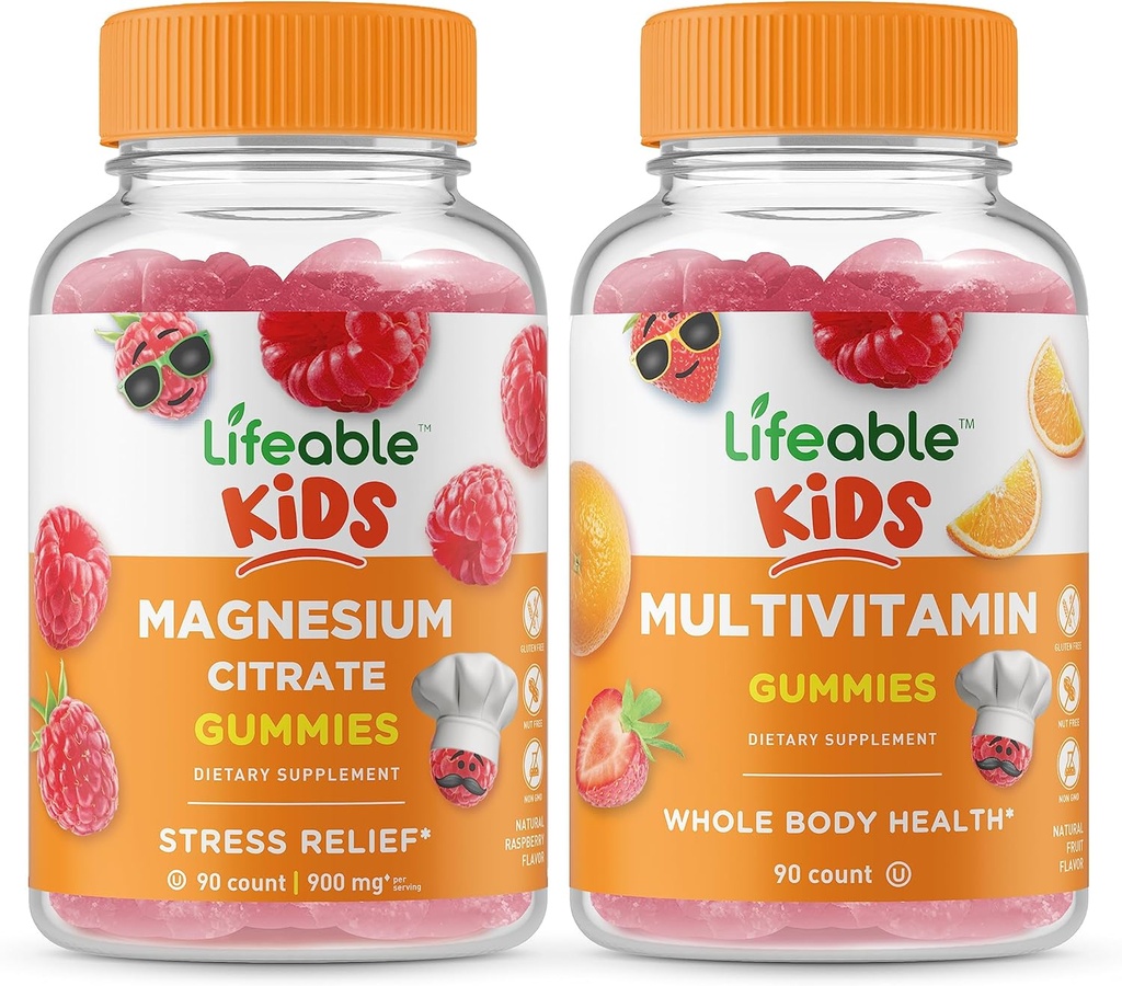 Življenjski Magnezij Otroci + Multivitaminski otroci, Gummies Bundle - odličen okus, Vitamin dopolnilo, Gluten brezplačno, GSO brezplačno, Žvečljivi Gummy