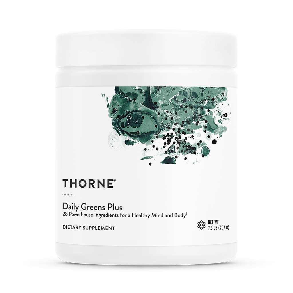 THORNE - Daily Greens Plus - Celovit powder z Matcha, Spirulina, Moringa in Adaptogene, goba in antioksidanti Mešanice - osvežilna, okus metin 7,2 Oz - 30 Servinga