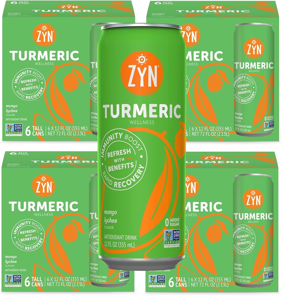 ZYN Kurkum Wellness Drink (24 Pack), Mango Lychee aromatiziran kurkumin pijačo s črnim poprom, brez dodanega sladkorja, nizko Carb & nizko kalorično pijačo, čista alternativa