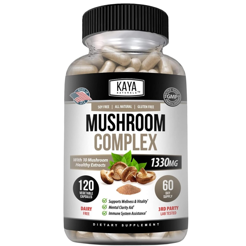 Kaya Naturals Premium Mushroom Complex Potent - Mushroom Supplement - Mushroom Complex Capsules 1995mg Per Serving - Aids Mental Clarity Supports Immune System, Wellness & Vitality - 120 Count