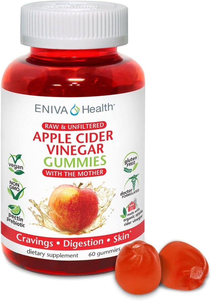 Eniva Health Apple Cider Gourmet Gummy Vitamini 60 Ct USDA Organic ACV Vegan Gluten brez glutena Non-GMO z materjo B9 B12 Pese Pomegranate Energy Curb Cravings Detox Čisti imuniteto