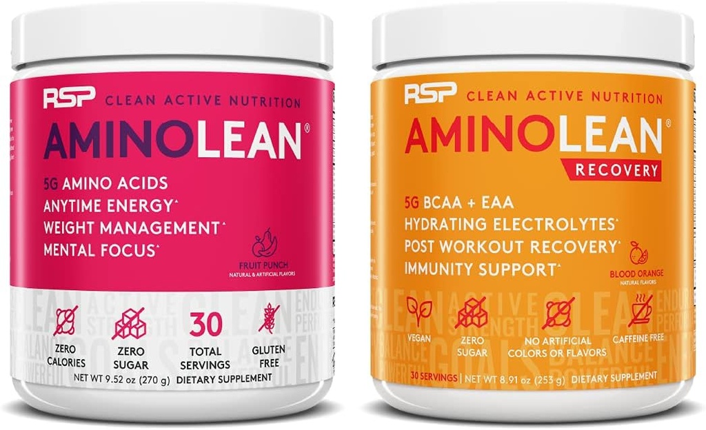 RSP NUTRITION AminoLean Pre Workout Energy (Fruit Punch 30 Servings) z AminoLean Recovery Post Workout Boost (Krvava pomaranča 30 Serving)