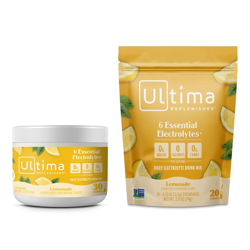 Ultima Replenisher Electrolyte Powder Drink Mix Bundle – Sugar Free – Lemonade, 30 Serving Canister and 20 Stickpacks – 6 Electrolytes and Minerals – Keto Friendly, Vegan, Non-GMO