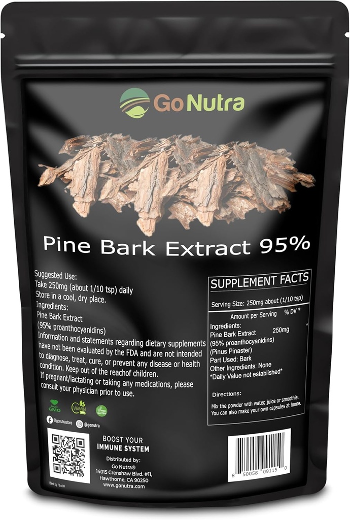 Go Nutra Pine Bark ekstrakt v prahu Standardizirano 95% Proanthocianidins Pine Bark Powder dodatek 8oz. Čisti ne-GMO Vegan