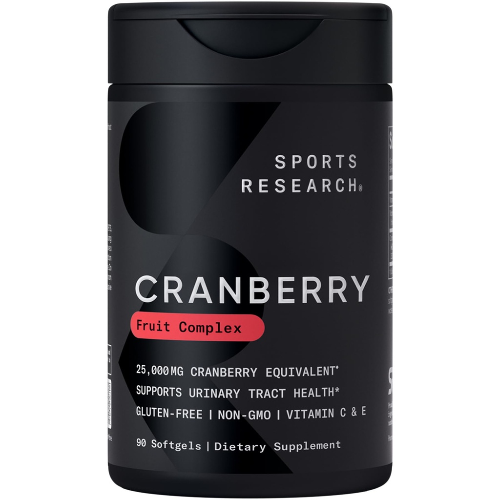Športne raziskave Cranberry Fruit Complex Supplement - Softgels for Urical Tract Health Support - enako 25.000 mg brusnic, Izdelano s Pacran & Vitamins C & E - Non-GMO & Gluten Free - 90 Count