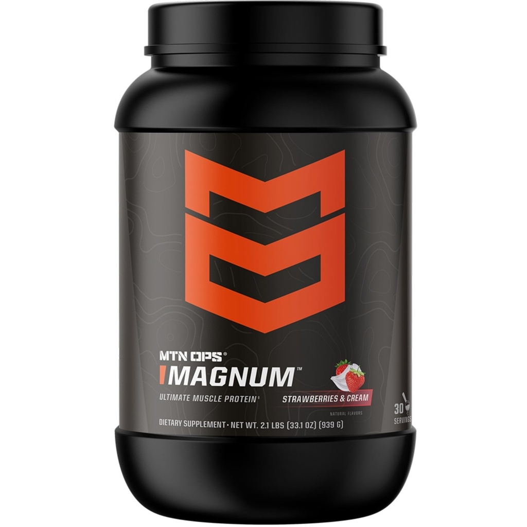 MTN OPS Magnum Strawberry Protein Powder, 23g sirotkinih izolatov beljakovin in mlečnih beljakovin z BCAA, brez sladkorja in glutena, jagode in smetana, 30-srčna tuba