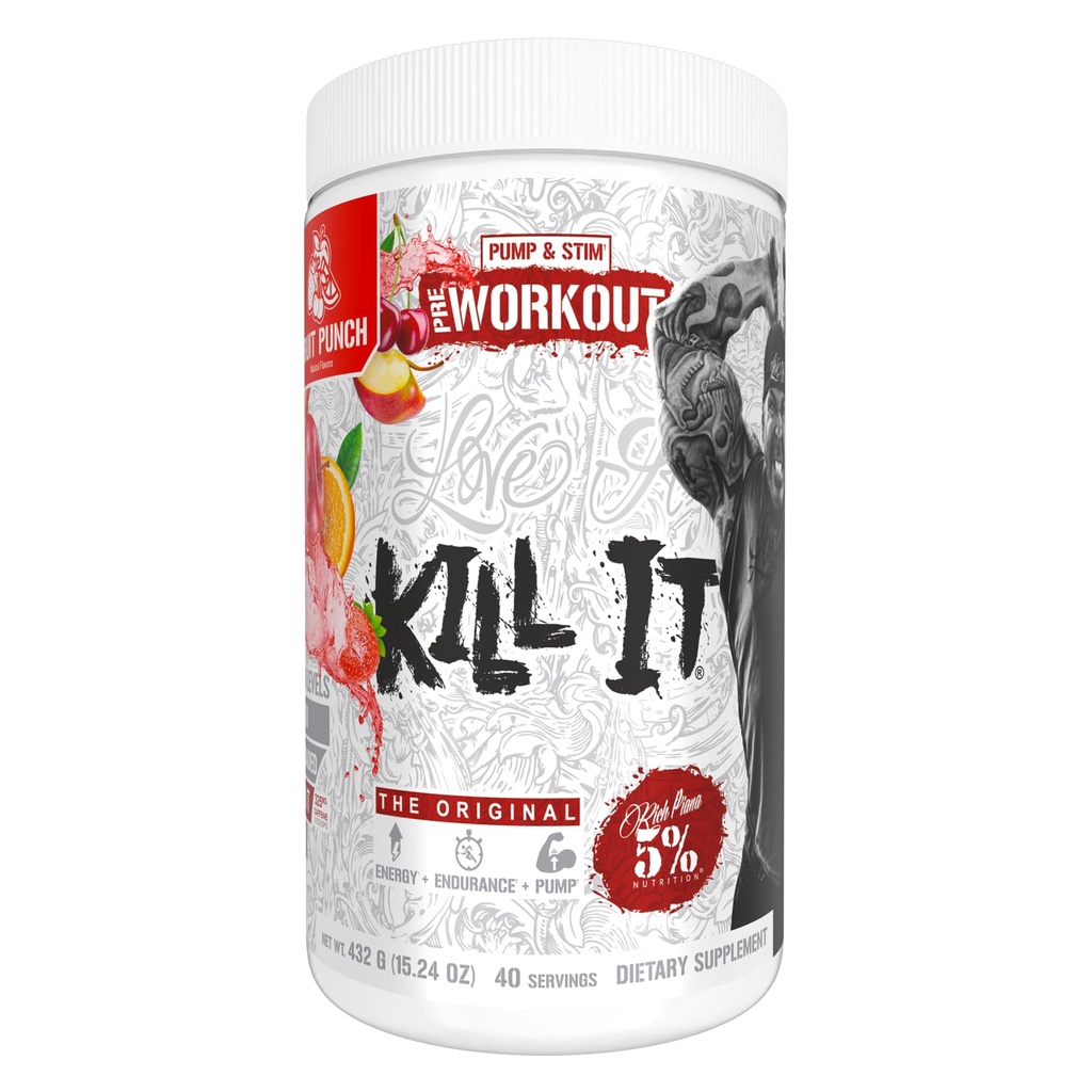 5% Nutrition Rich Piana Kill It Pre Workout Powder w/Creatine, Kofein, Beta Alanin, Hidroprim Glicerol za črpalko, moč, vzdržljivost 