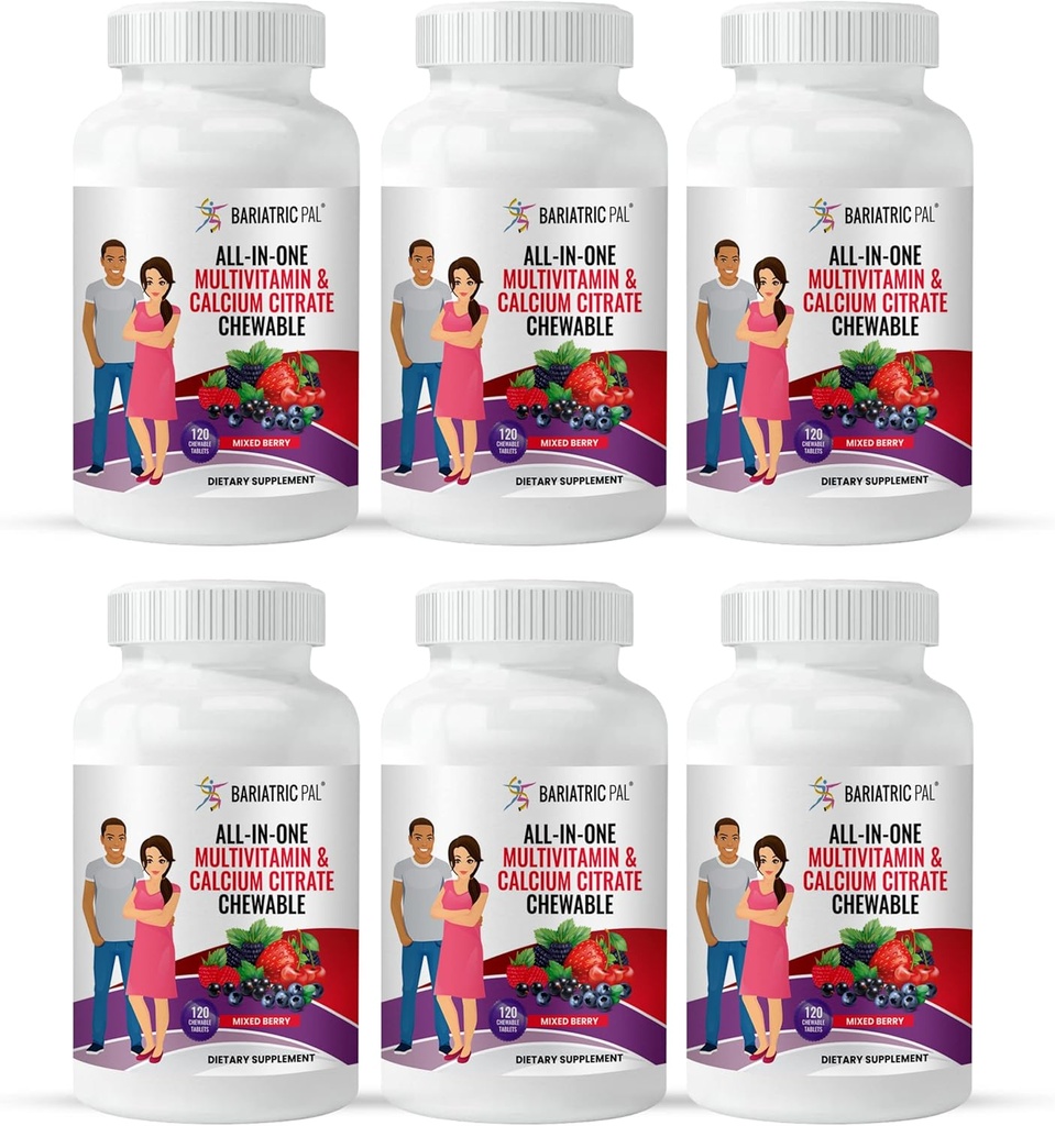 BariatricPal "All-in-One žvečljivi multivitamin s kalcijevim citratom in železom - mešano jagode (180-dnevno oskrbo)