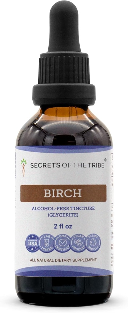 Skrivnosti Tribe Birch Tincture Tekoči ekstrakt brez alkohola, Birch (Betula Pendula) Suhi list (2 FL OZ)