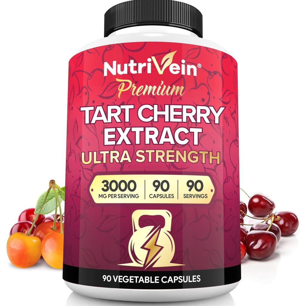 Nutrivein Premium Tart Cherry Kapsule 3000mg: Ultra Strength Tart Cherry Extract dodatek za post-atletično okrevanje, razstrupljanje, počitek, & mobilnost