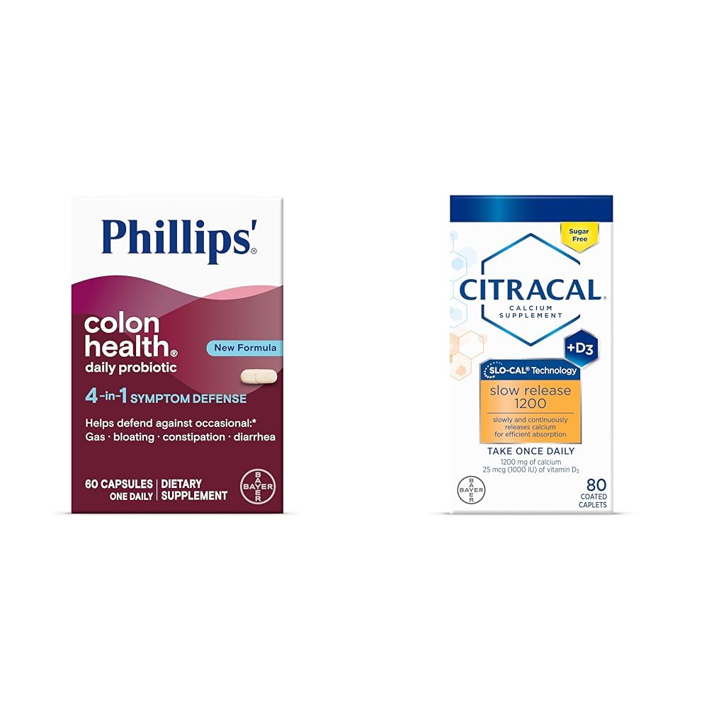 Phillipsove dnevne probiotične kapsule Colon Health, 4-v-1 Symptom Defense & Citracal Počasno sproščanje 1200, 1200 mg kalcijev citrat in kalcijev karbonat Mešanica