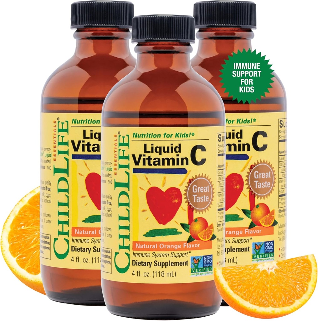 CHILDLIFE ESSENTIALS Tekoči vitamin C - Pure Vitamin C Tekoči dodatek za otroke, Podpora imunskega sistema, odličen okus - naravna pomaranča, 4 Fl Oz (Pack of 3)