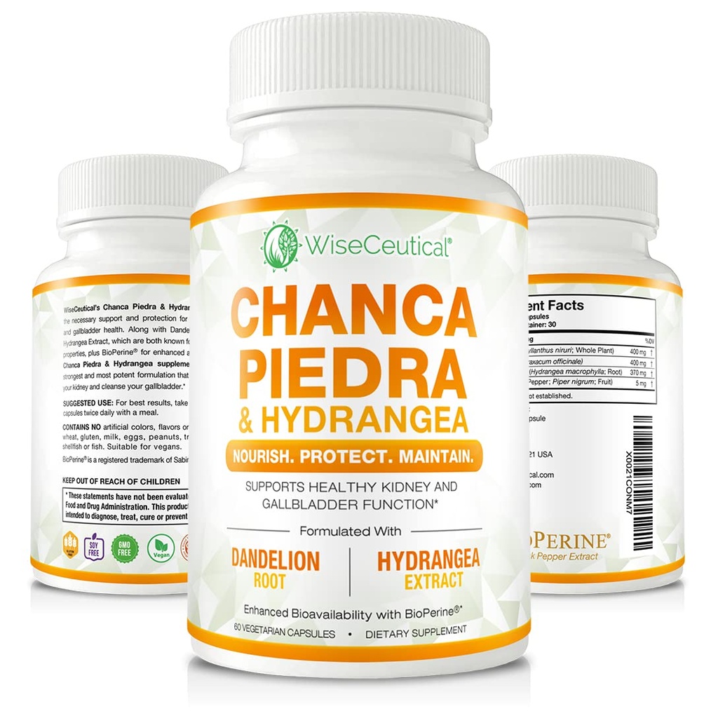 Max Strength Chanca Piedra, Hydrangea & Dandelion Root - Natural Kidney & Gallbladder Formula - Stone Breaker, Flush Impurities, Cleanse Urinary Tract - Enhanced with BioPerine. 60 Veggie Capsules.
