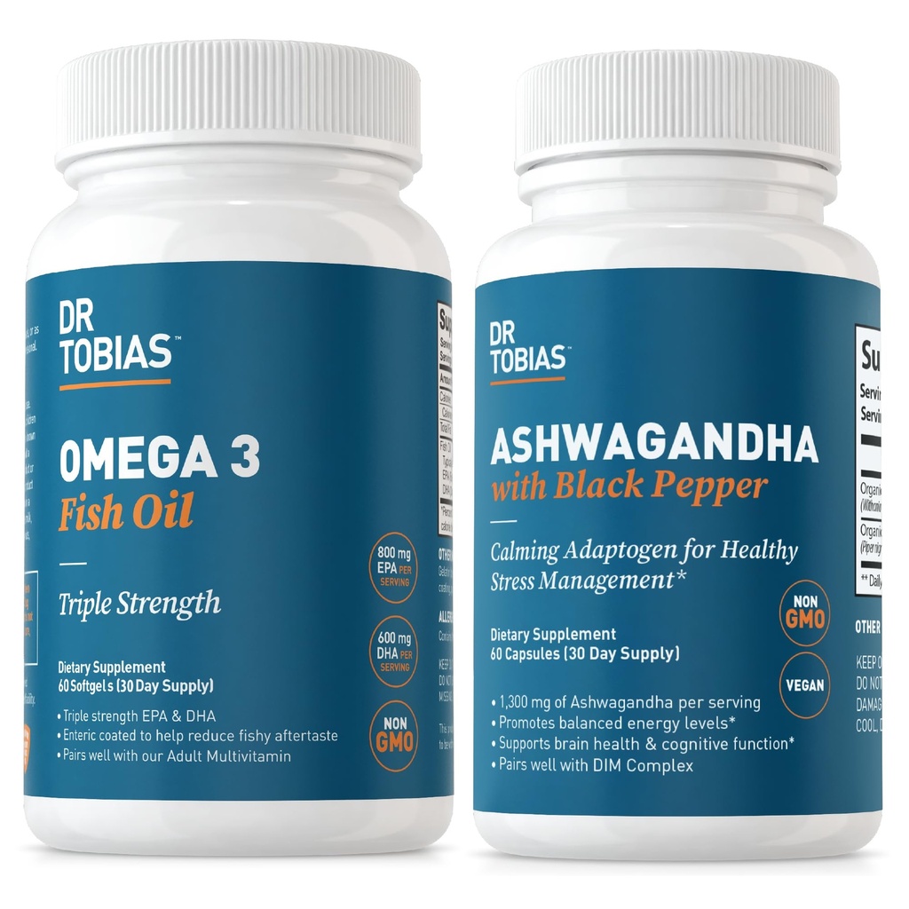 Dr. Tobias Omega 3 Ribje olje in Ashwagandha kapsule, Podpora splošno Wellness & Uravnotežena energija in odpornost, ne-GMO