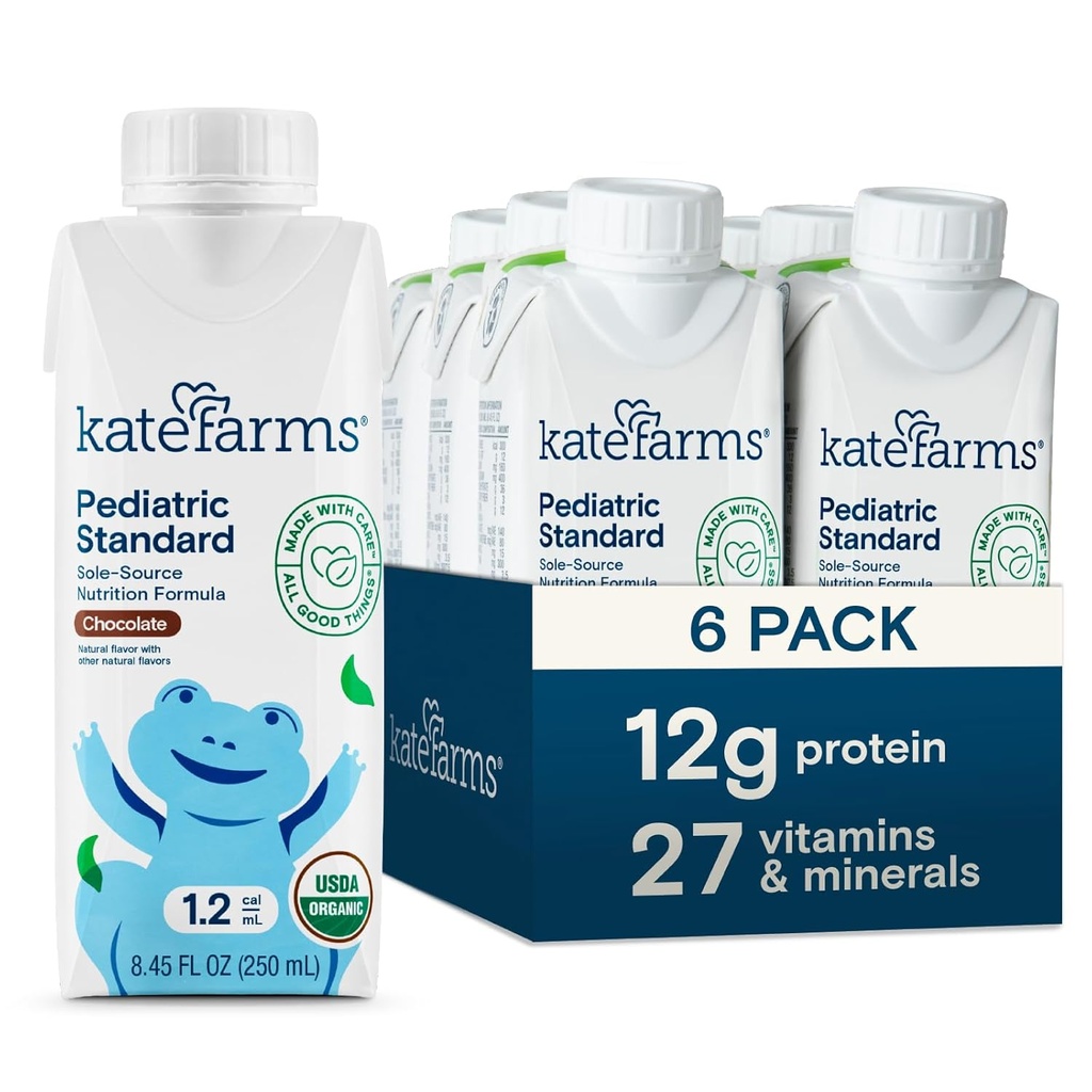 KATE FARMS Organic Pediatric 1.2 High Calorie Chocolate Nutrition Shake, 12g beljakovine, 27 Vitamini in minerali, Prehranska zamenjava, 8.45 oz (6 pakiranje)