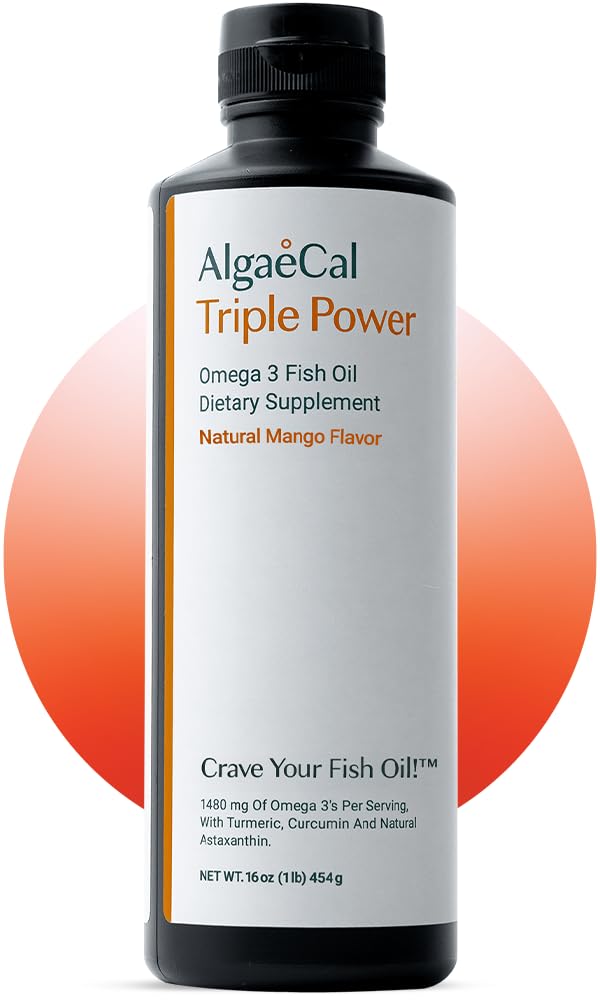 ALGAECAL Triple Power 1200mg EPA & DHA Omega 3 ribje olje dodatek, podpora možgani, srce, koža in kosti, tekoč emulzijski mango okus, burp-manj, sladkor brez, Made in USA