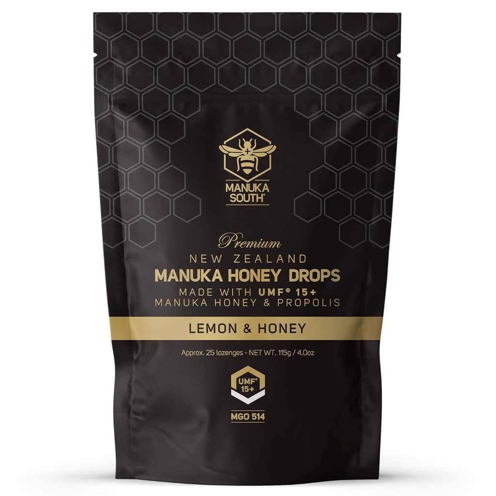 Manuka Medene kapljice UMF 15+ / MGO 514+ & Propolis Kapljice Made in Nova Zelandija – Naravne sestavine – Pomirjujoče kapljice – Limonina in medena aroma - 25 kapljic