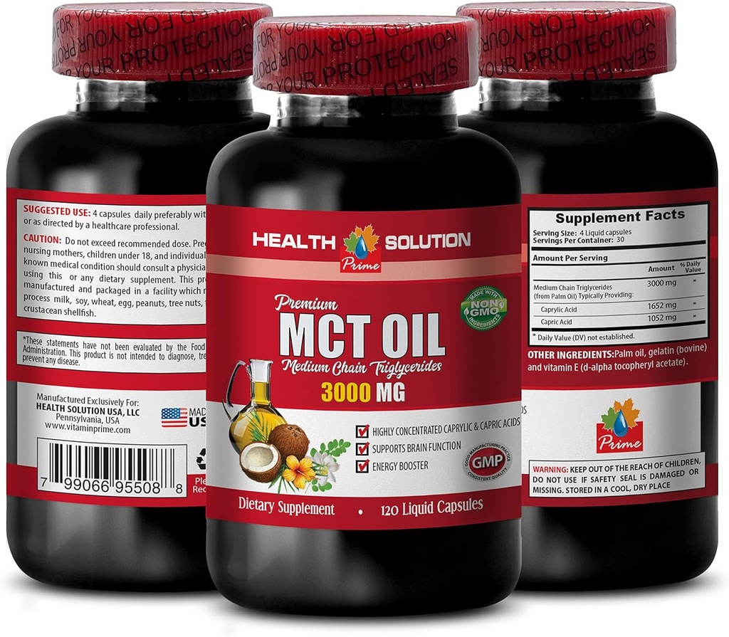 Energijska podpora - MCT Oil 3600MG, 100% Čisti, srednjeverižni trigliceridi - mct Olje izdelano s kokosovim oljem, mct oljne tablete, mct olje za spomin, mct olje za možgane, mct kokosovo olje - 1B 120Soft