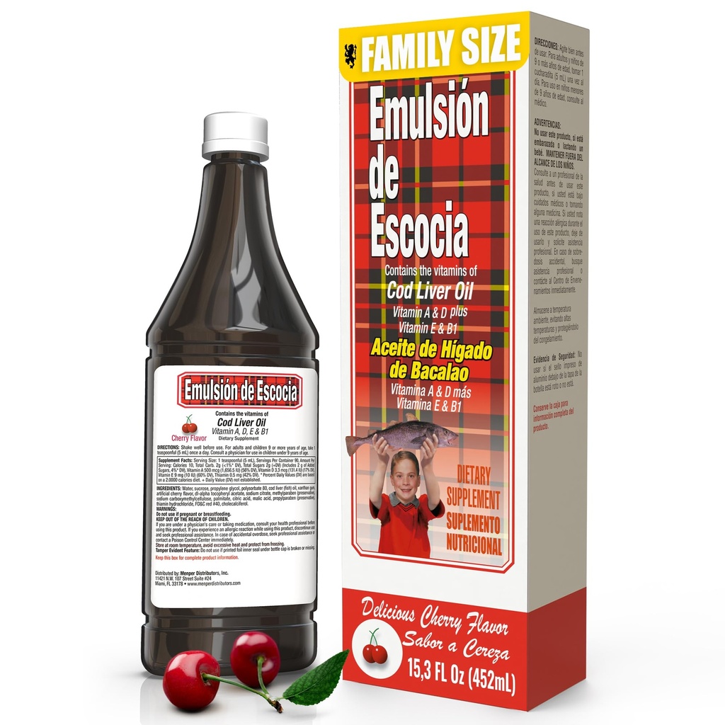 Emulsión de Escocia z oljem jetra trske – Cherry Flavor – Vitamini A, D, E & B1 za podporo imunskega in jetrnega izvora – Tekoči dodatek za otroke – 15.3 Fl Oz 