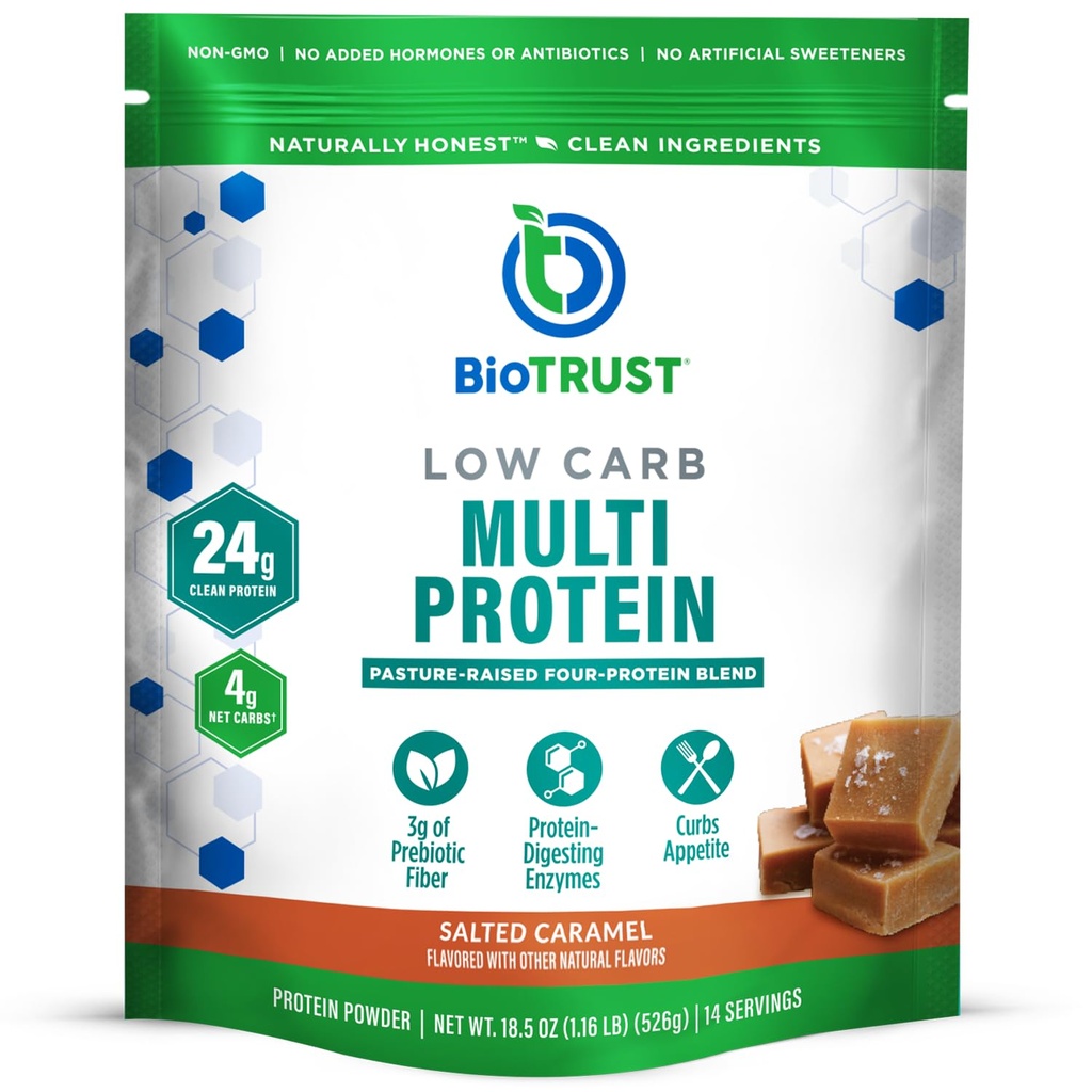 Biotrust Low Carb Protein Powder - zdravo izolirani sirotkini proteini v prahu in kazeinska mešanica iz goveda, gojenega s travo, gojenega s pašto, Plus prebavni encimi - soljena karamela, 14 servov