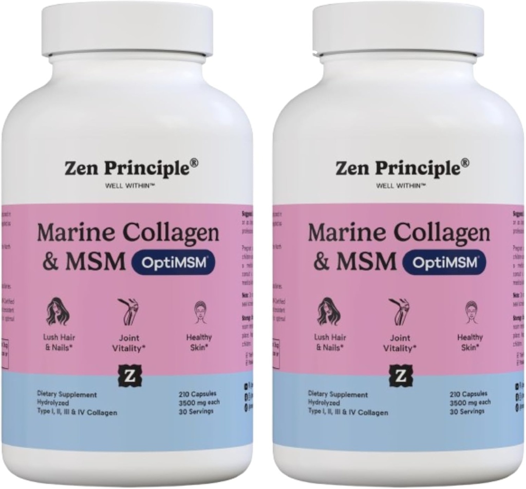 Zen Princip Marine Collagen Peptides Powder z OptiMSM® dopolnilom. Klinično testirana za podporo koži. Divja riba, brez GMO. 420 kapsul.