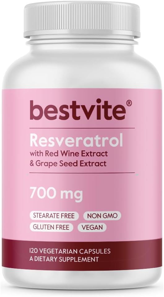 BESTVITE Resveratrol 700mg (120 vegetarijanskih kapsul) z ekstraktom rdečega vina in grozdnim semenom - standardizirano na 50% transResveratrol - brez stearatov - veganski - brez GSO - brez glutena