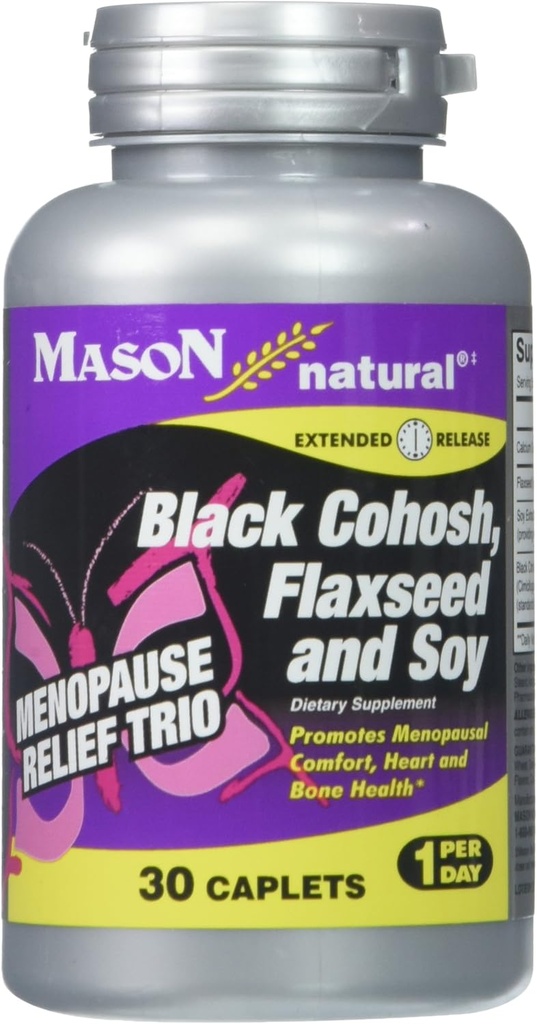 MASON NARAVNA MENOPAUSE Trio: Črna Cohosh, Flaxseed, & Soy (Razširjena sprostitev) - Maja Alleviate Hot Flashes & Night Sweats*, Podpira zdravo Hormone Balance*, 30 Caplets