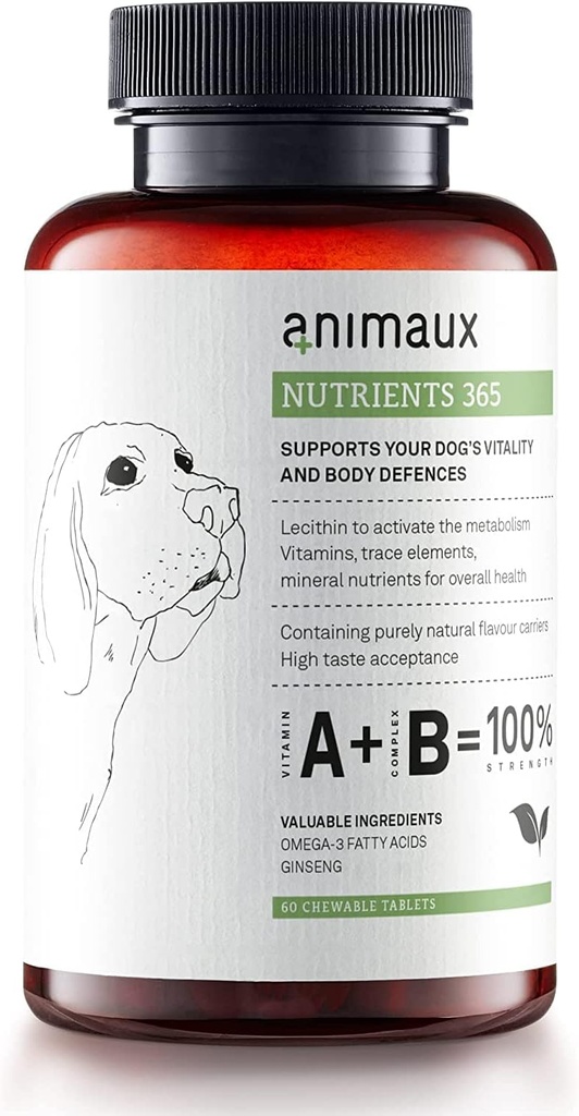 animaux – hranila 365 za pse, vse naravne vitamine, zdrav imunski sistem, vitalnost, zdravo kožo, bleščeč plašč, surovo krmljenje, kužki, psi z alergijami, 60 žvečljive tablete, 60 dni